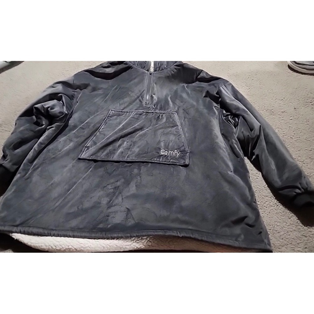The Comfy Quarter-Zip Oversized Wearable Blanket Hoodie Charcoal Sherpa One Size